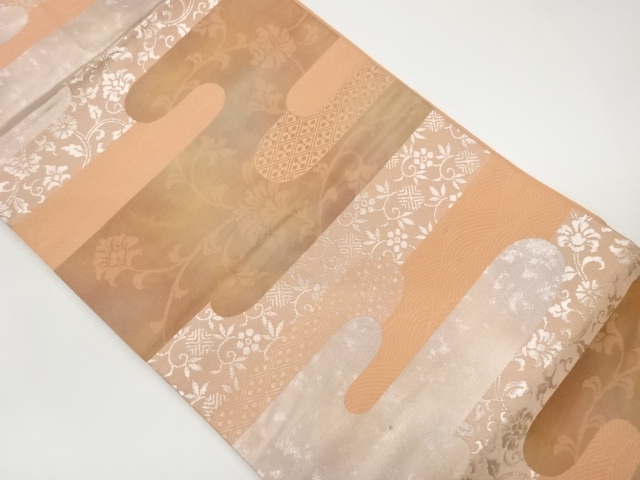 Nagoya obi with woven pattern of flowers, arabesques, and water chestnuts in a h